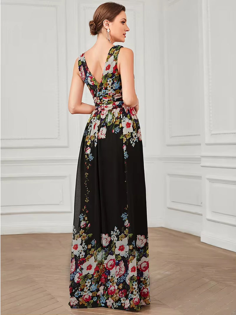 Stunning Sleeveless Maxi Evening Dress with Elegant Pleated Chiffon and Double V-Neck