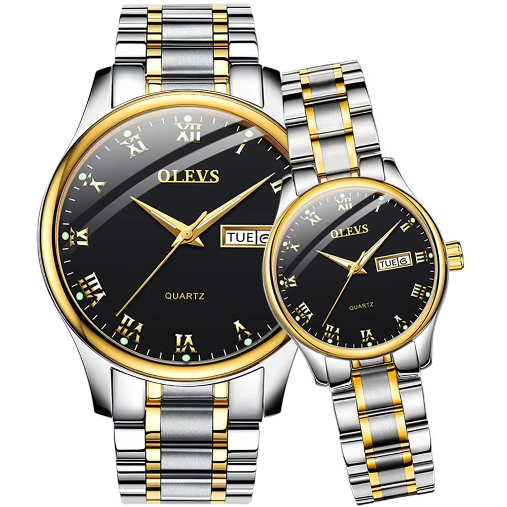 Luxury Brand Quartz Couple Watch Waterproof Wristwatch Lover Gifts Luminous Classic Date Week Clock His or Hers Watch Sets