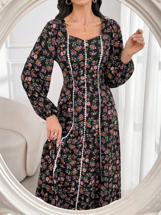 Elegant Floral Print Long Sleeve Arabic Dress for Women - Perfect for Daily Wear