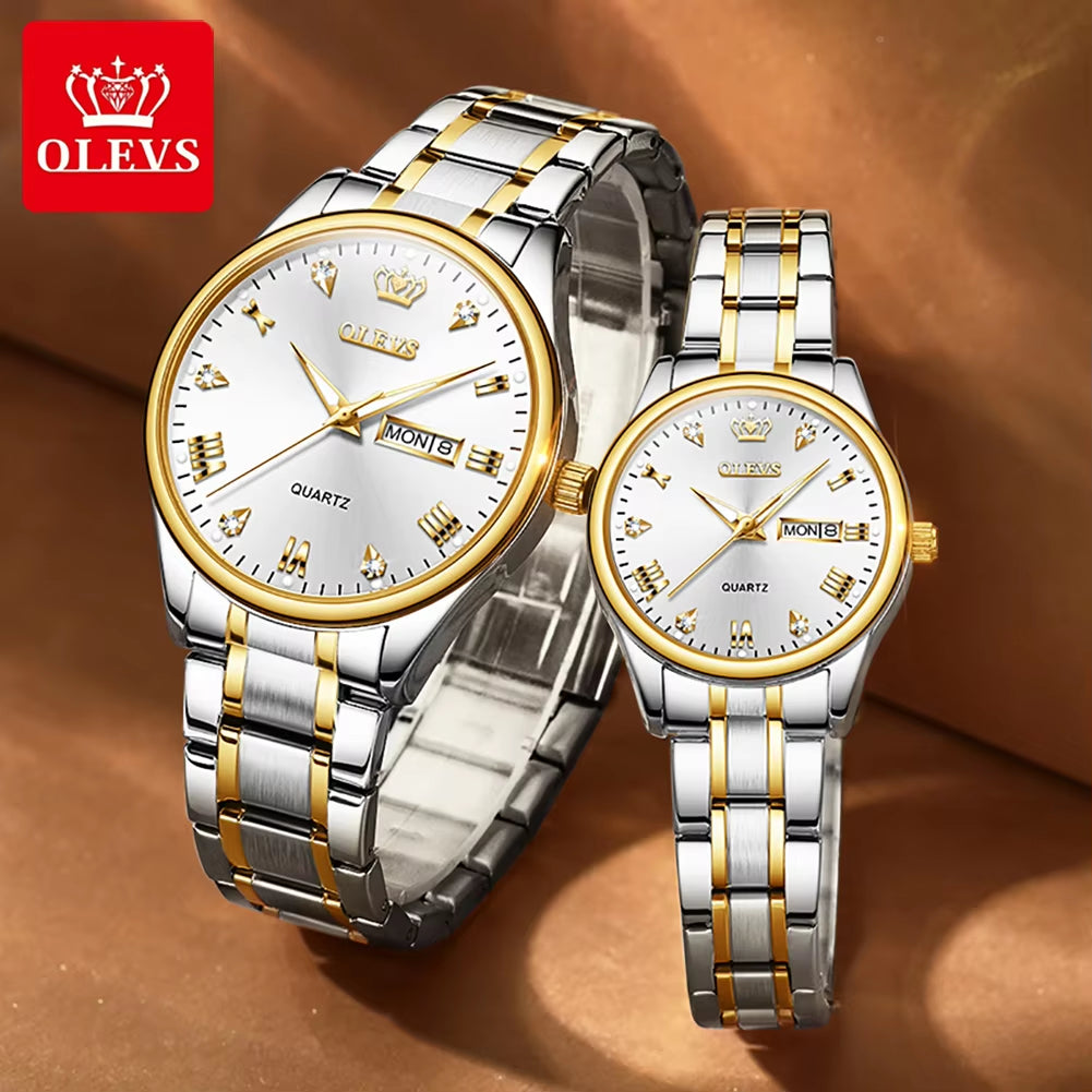 Luxury Brand Quartz Couple Watch Waterproof Wristwatch Lover Gifts Luminous Classic Date Week Clock His or Hers Watch Sets