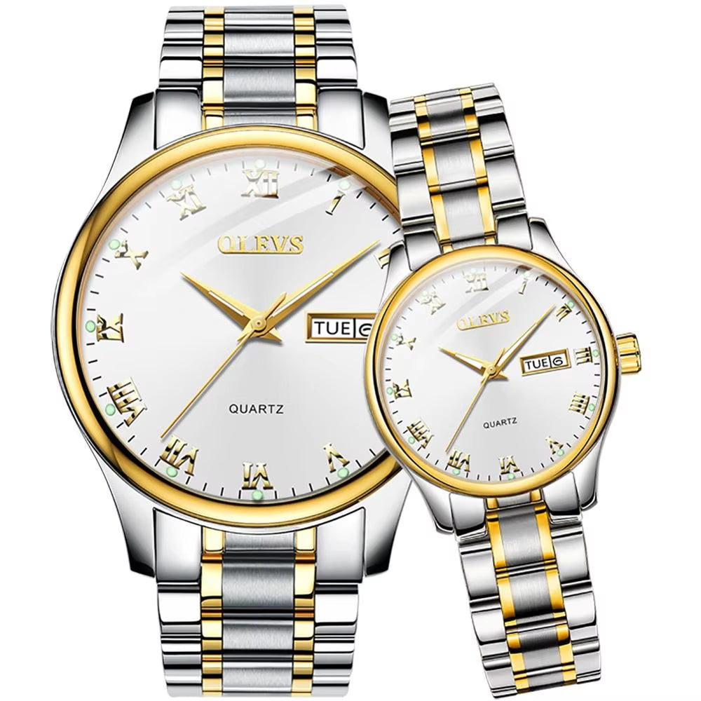 Luxury Brand Quartz Couple Watch Waterproof Wristwatch Lover Gifts Luminous Classic Date Week Clock His or Hers Watch Sets