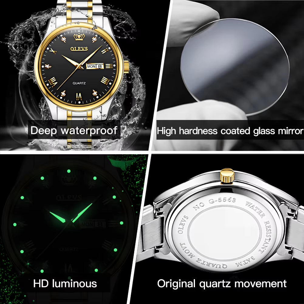 Luxury Brand Quartz Couple Watch Waterproof Wristwatch Lover Gifts Luminous Classic Date Week Clock His or Hers Watch Sets