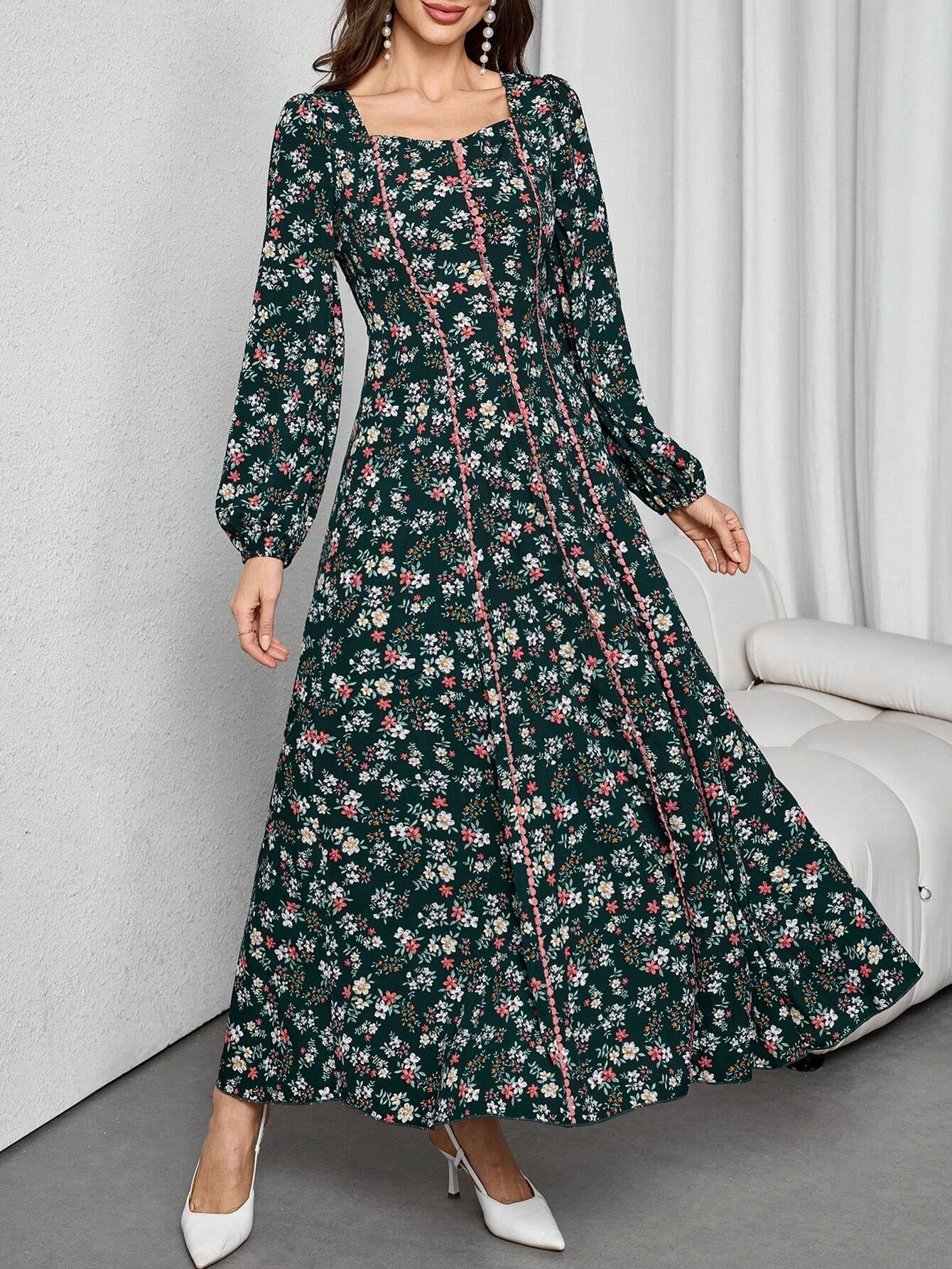 Elegant Floral Print Long Sleeve Arabic Dress for Women - Perfect for Daily Wear