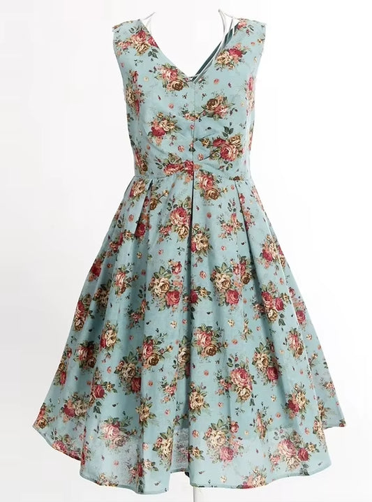 Light Blue Floral Print Knee-Length Dress - Vintage-Inspired Sexy Club Wear with Free Shipping!