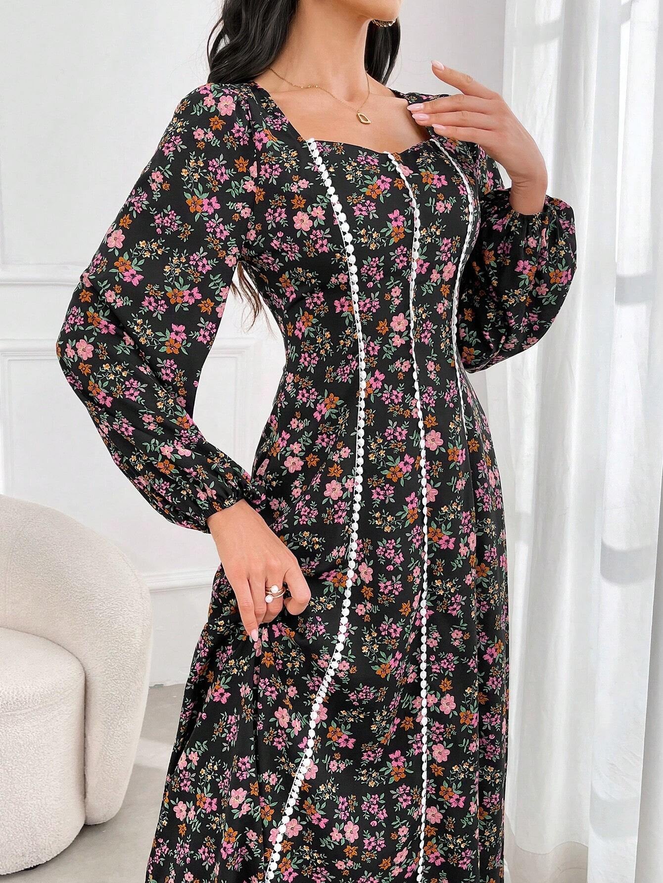 Elegant Floral Print Long Sleeve Arabic Dress for Women - Perfect for Daily Wear