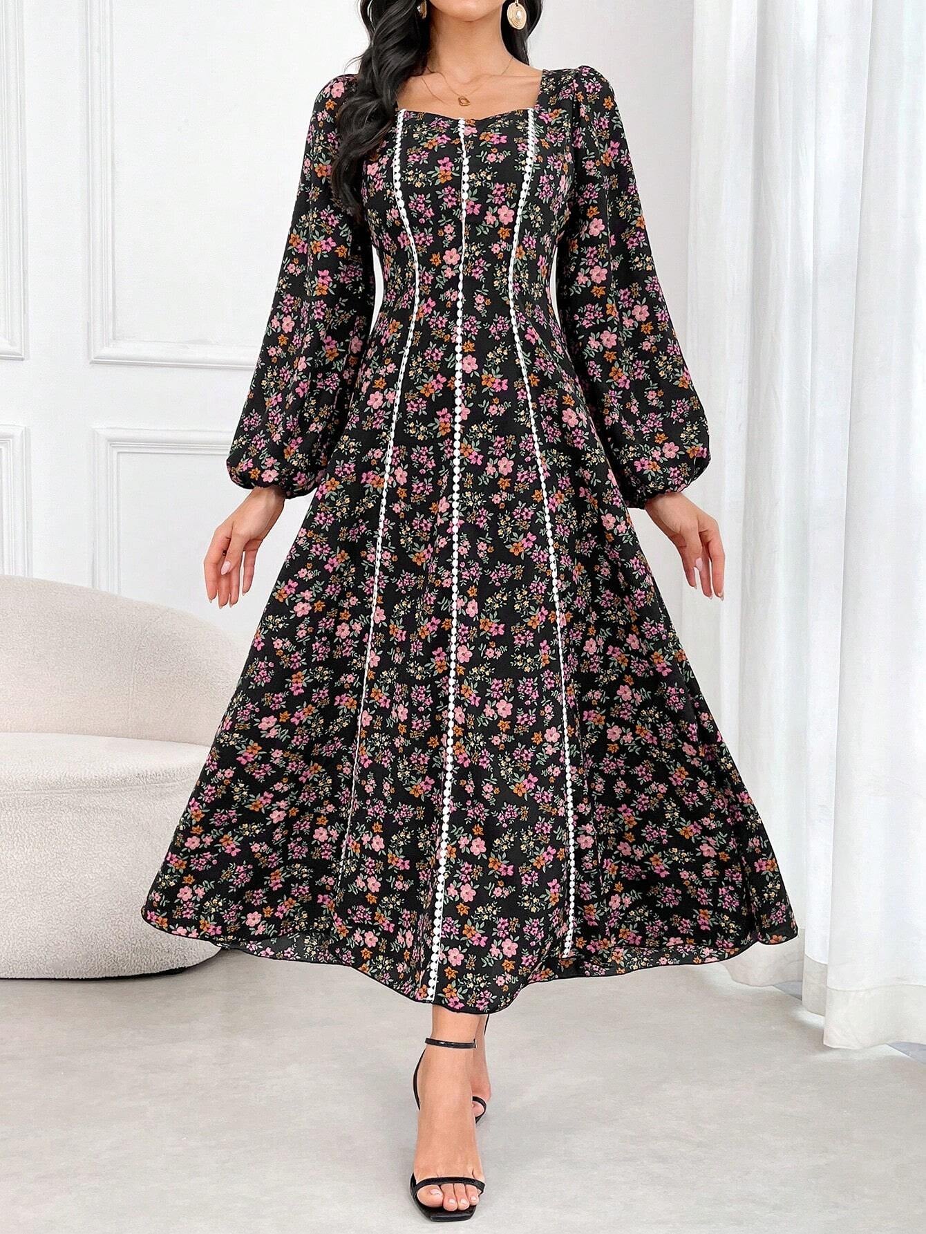 Elegant Floral Print Long Sleeve Arabic Dress for Women - Perfect for Daily Wear