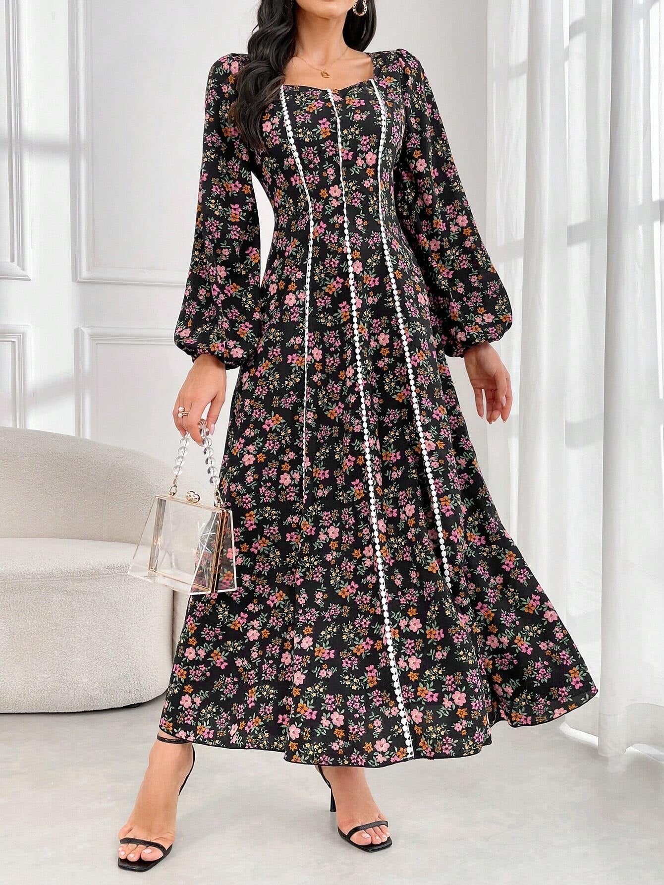 Elegant Floral Print Long Sleeve Arabic Dress for Women - Perfect for Daily Wear