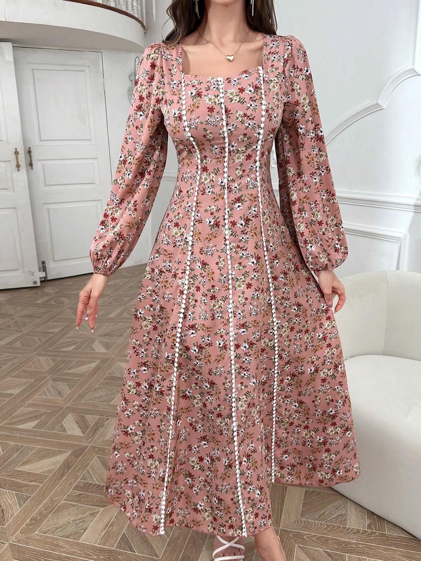 Elegant Floral Print Long Sleeve Arabic Dress for Women - Perfect for Daily Wear