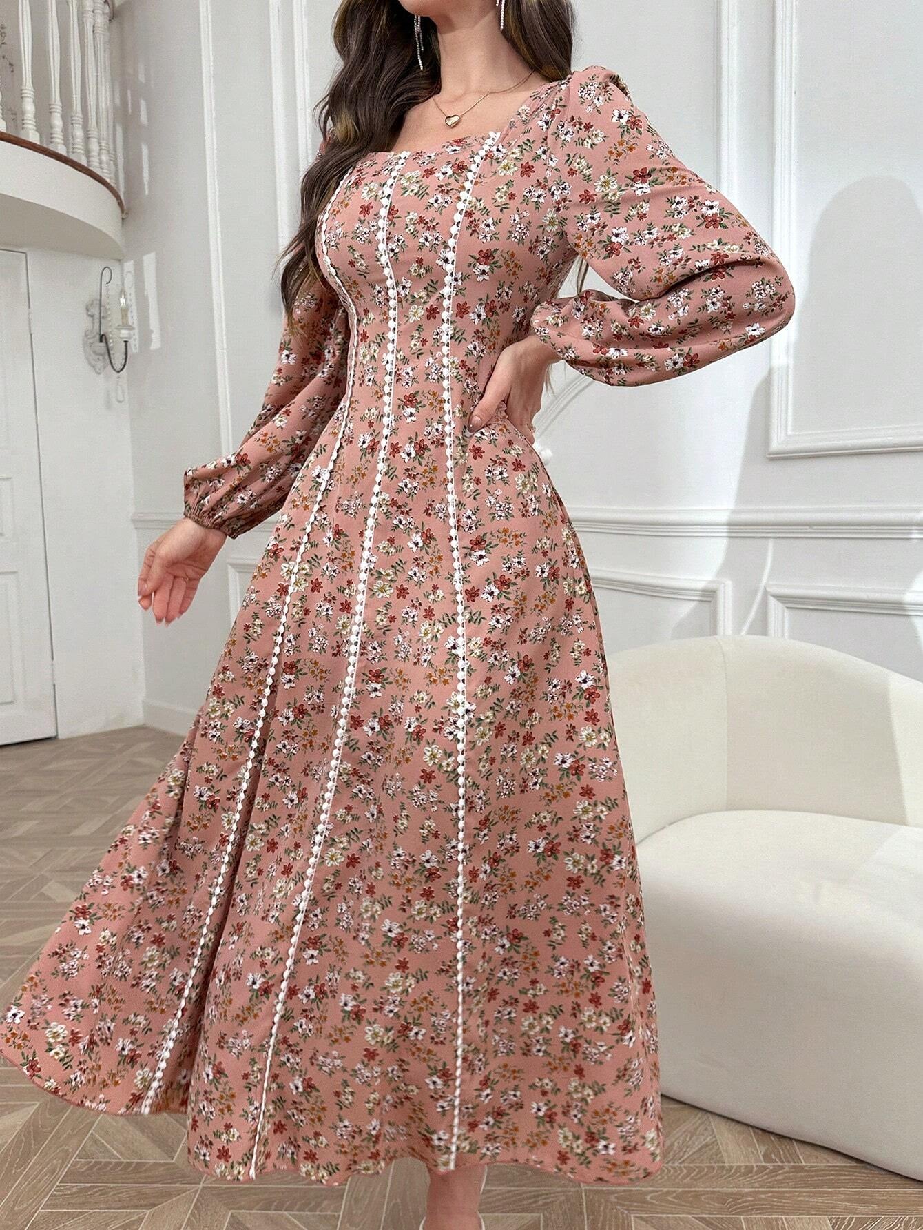 Elegant Floral Print Long Sleeve Arabic Dress for Women - Perfect for Daily Wear