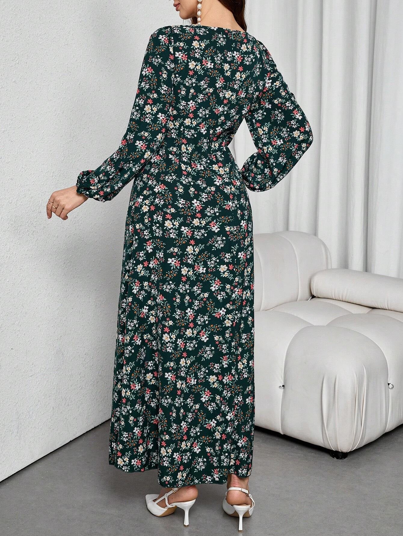 Elegant Floral Print Long Sleeve Arabic Dress for Women - Perfect for Daily Wear