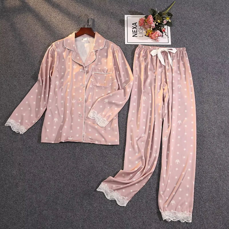 Women'S Summer Two-Piece Suit Pajamas Ice Silk Satin Thin Outwear Print Lace Pyjamas