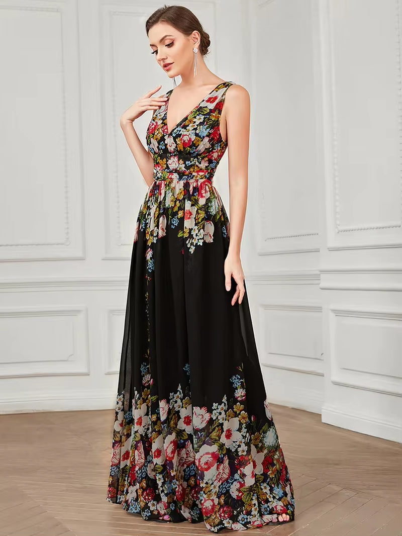 Stunning Sleeveless Maxi Evening Dress with Elegant Pleated Chiffon and Double V-Neck