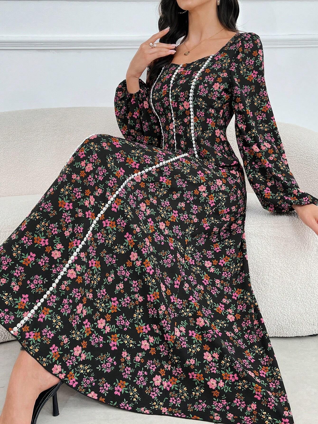 Elegant Floral Print Long Sleeve Arabic Dress for Women - Perfect for Daily Wear