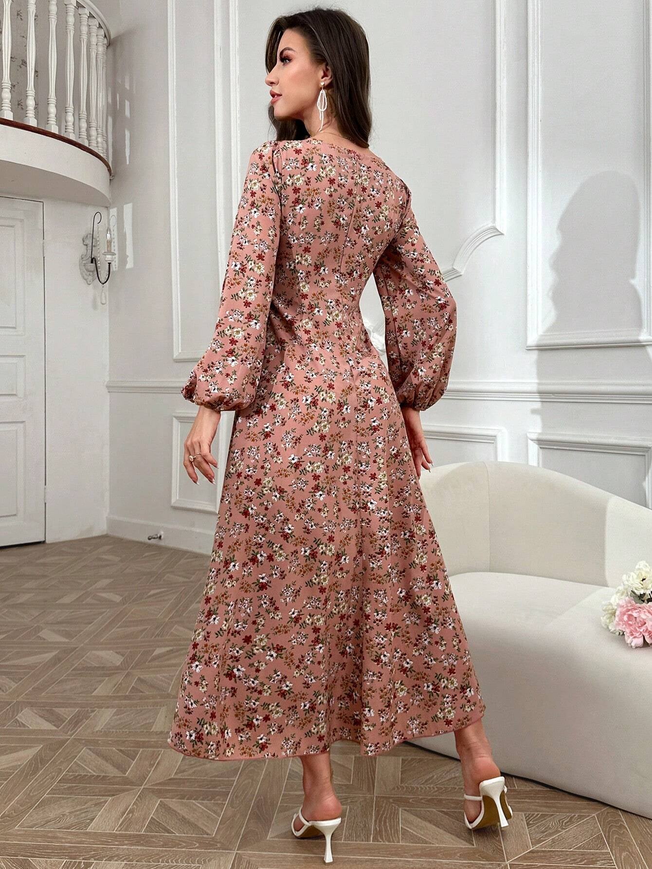 Elegant Floral Print Long Sleeve Arabic Dress for Women - Perfect for Daily Wear