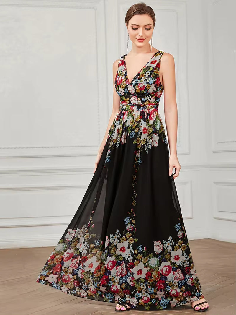 Stunning Sleeveless Maxi Evening Dress with Elegant Pleated Chiffon and Double V-Neck