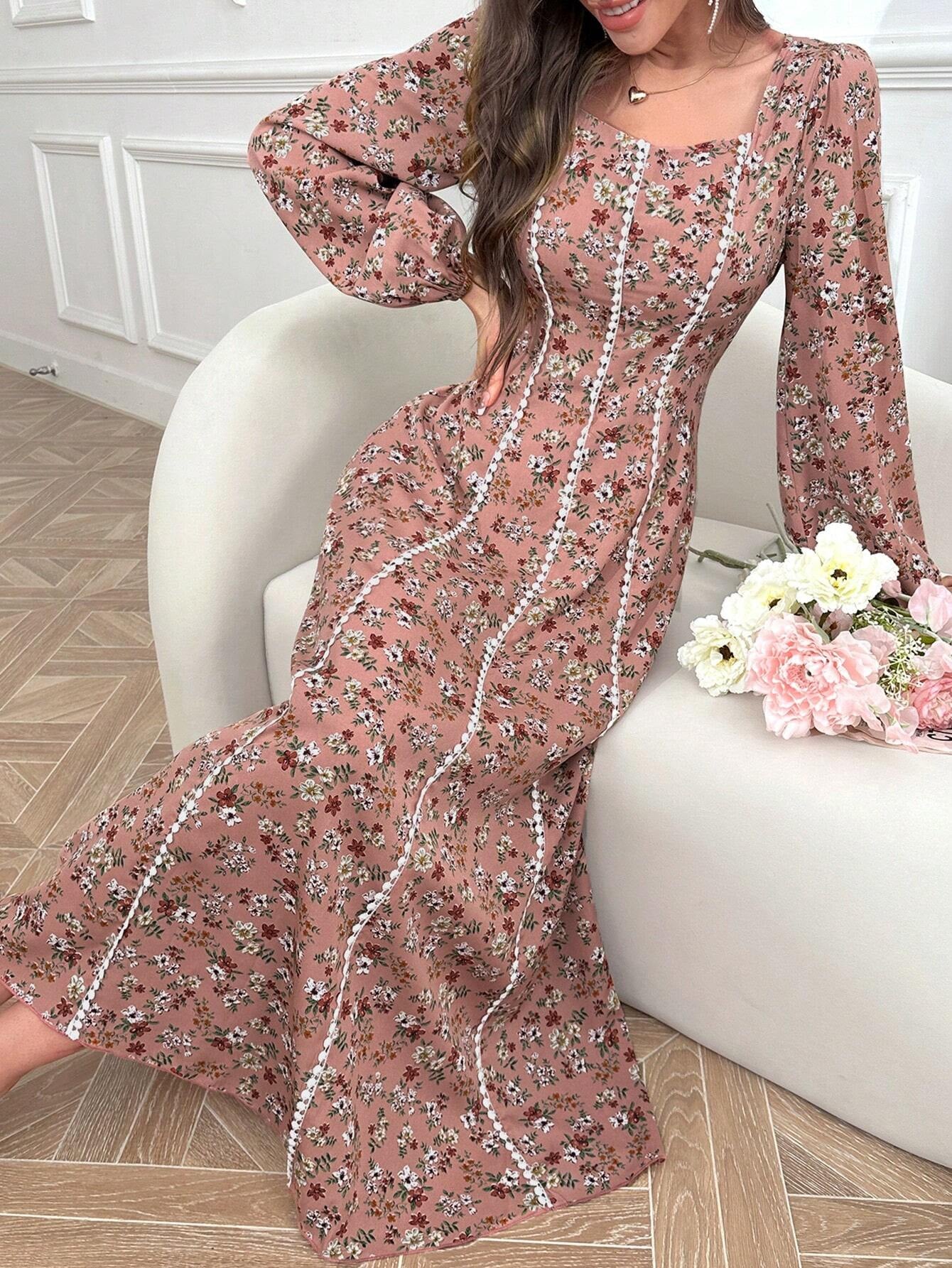 Elegant Floral Print Long Sleeve Arabic Dress for Women - Perfect for Daily Wear