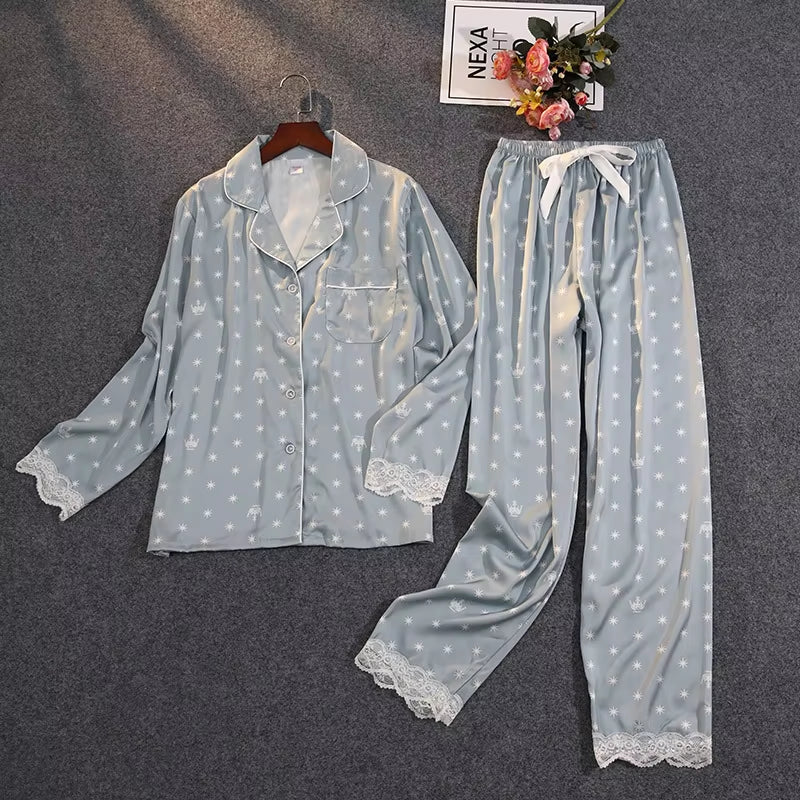 Women'S Summer Two-Piece Suit Pajamas Ice Silk Satin Thin Outwear Print Lace Pyjamas