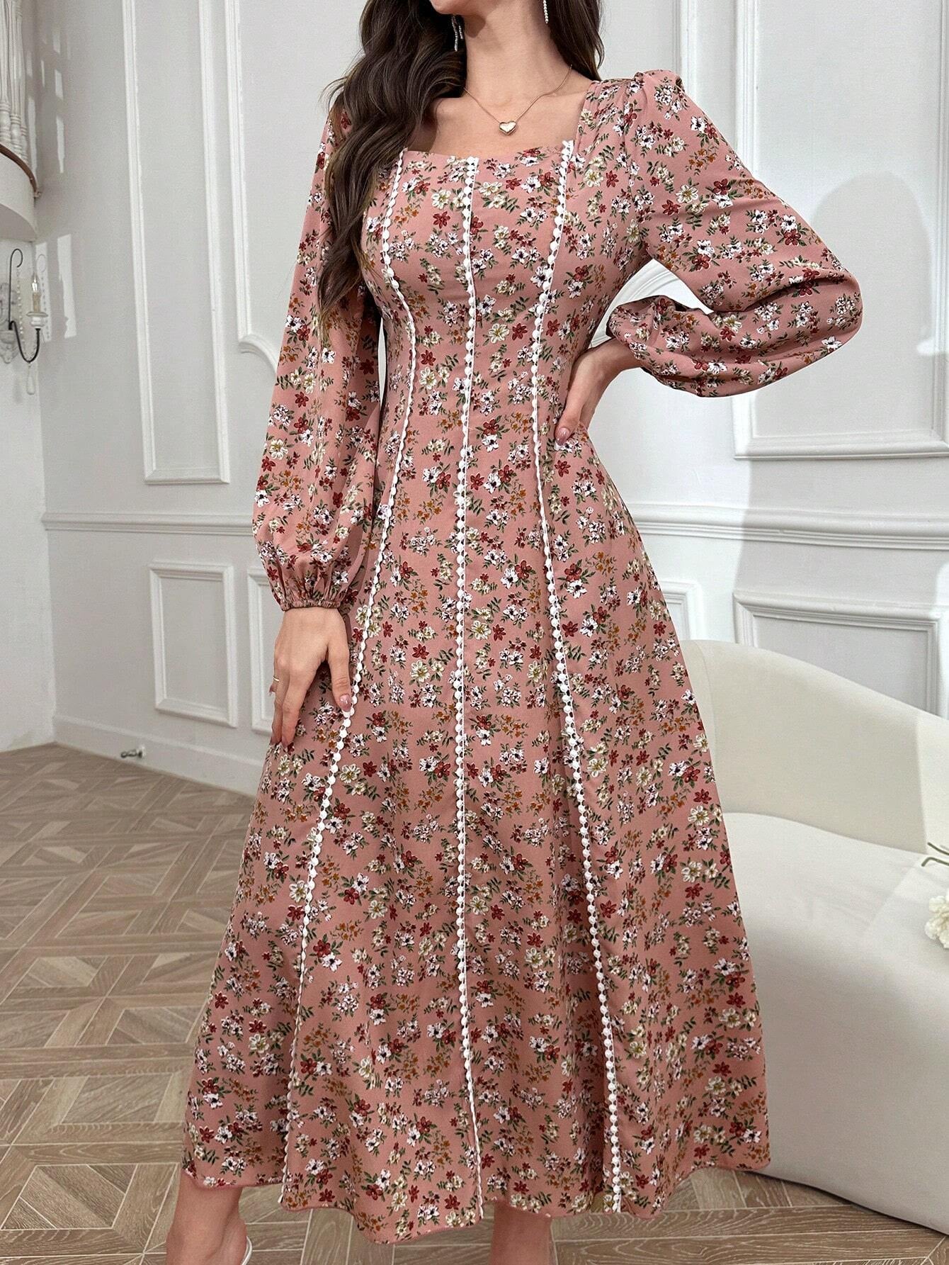 Elegant Floral Print Long Sleeve Arabic Dress for Women - Perfect for Daily Wear