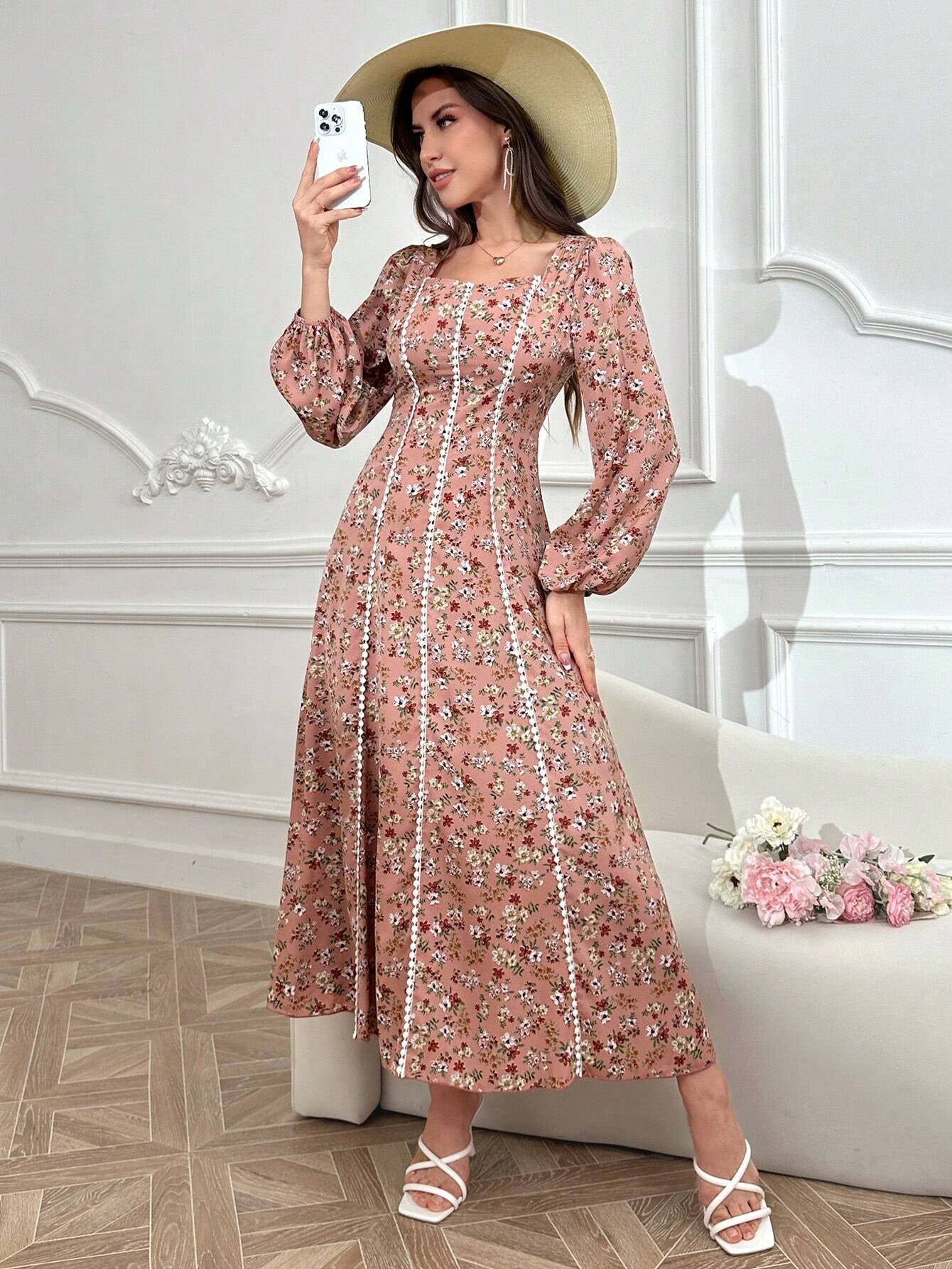 Elegant Floral Print Long Sleeve Arabic Dress for Women - Perfect for Daily Wear