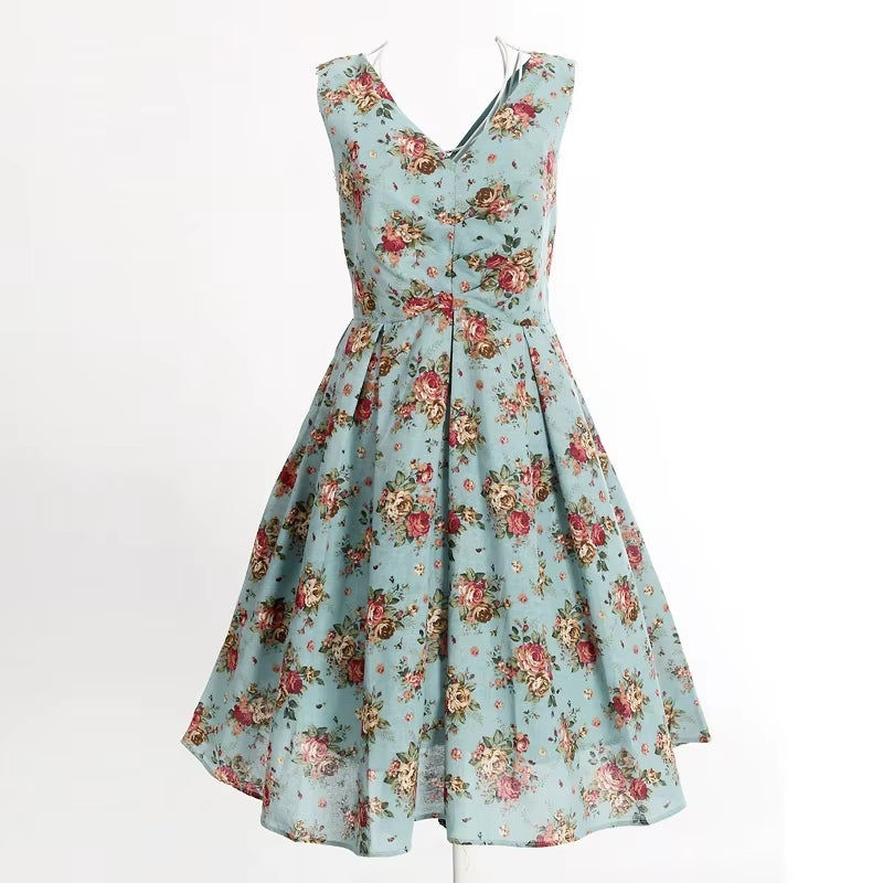 Light Blue Floral Print Knee-Length Dress - Vintage-Inspired Sexy Club Wear with Free Shipping!