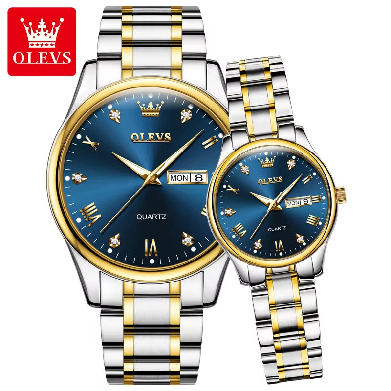 Luxury Brand Quartz Couple Watch Waterproof Wristwatch Lover Gifts Luminous Classic Date Week Clock His or Hers Watch Sets