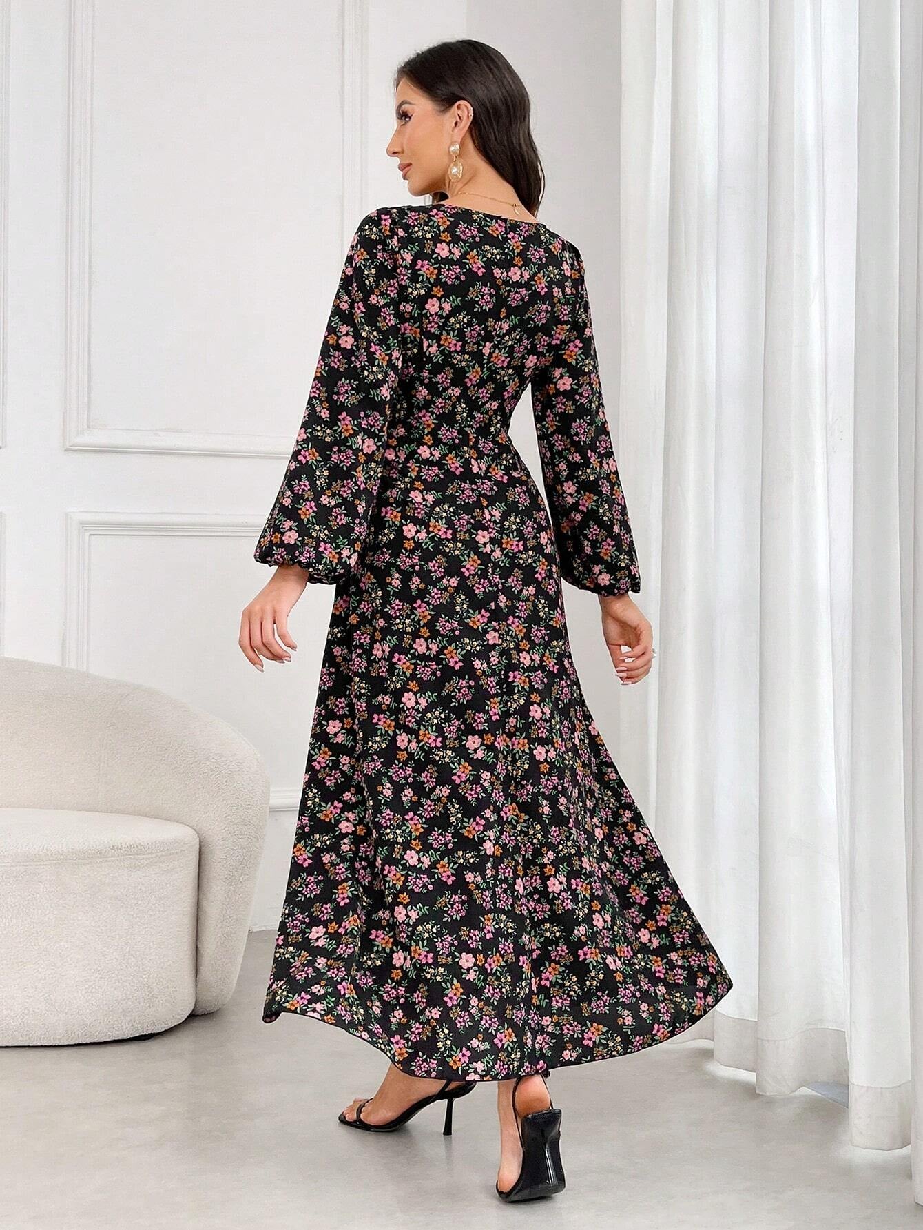 Elegant Floral Print Long Sleeve Arabic Dress for Women - Perfect for Daily Wear