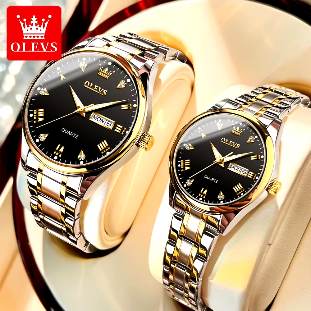 Luxury Brand Quartz Couple Watch Waterproof Wristwatch Lover Gifts Luminous Classic Date Week Clock His or Hers Watch Sets